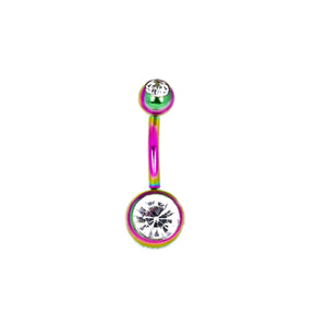 Multicolored belly button ring with a large central gemstone on a white background