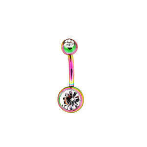 Multicolored belly button ring with a clear gemstone on a white background