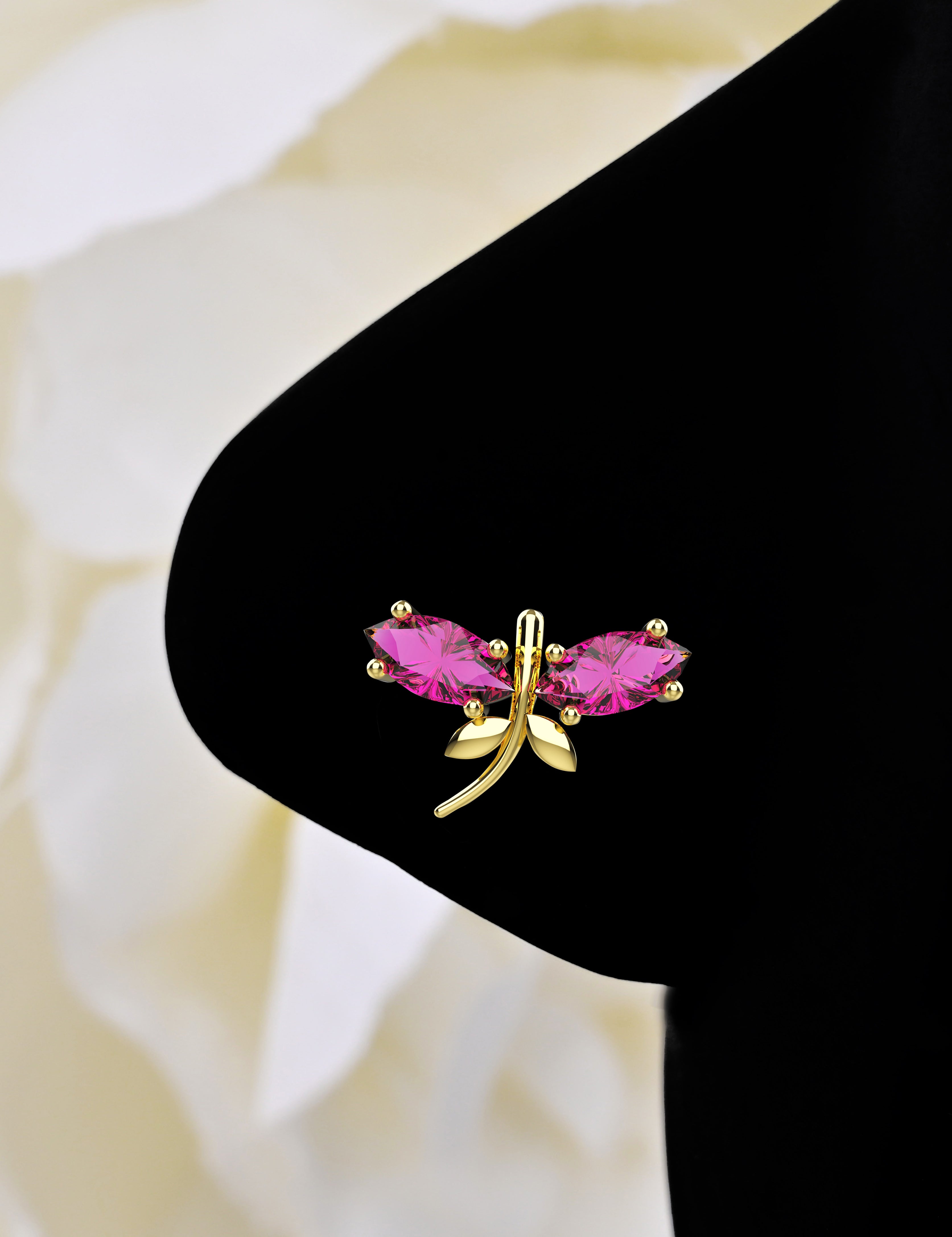 Nose Piercing Ring - Dragonfly Studs with Pink Diamonds