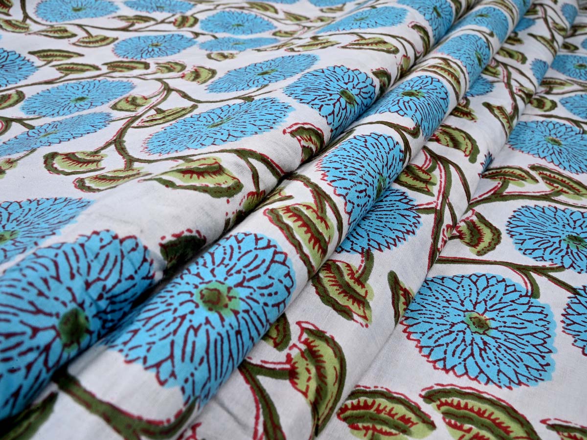 Aqua floral design cotton fabric