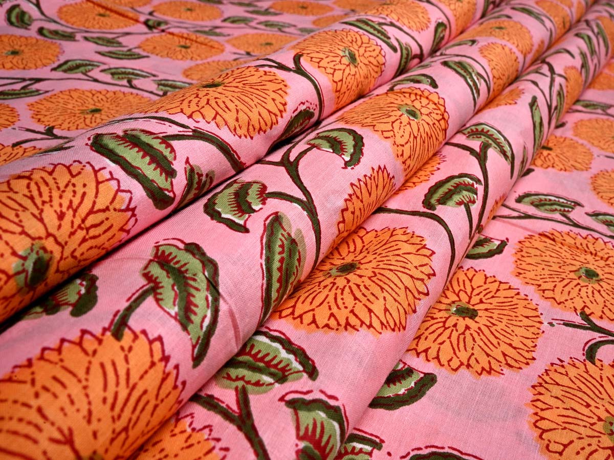 Soft Pink Cotton Fabric | Marigold Floral Hand Block Prints