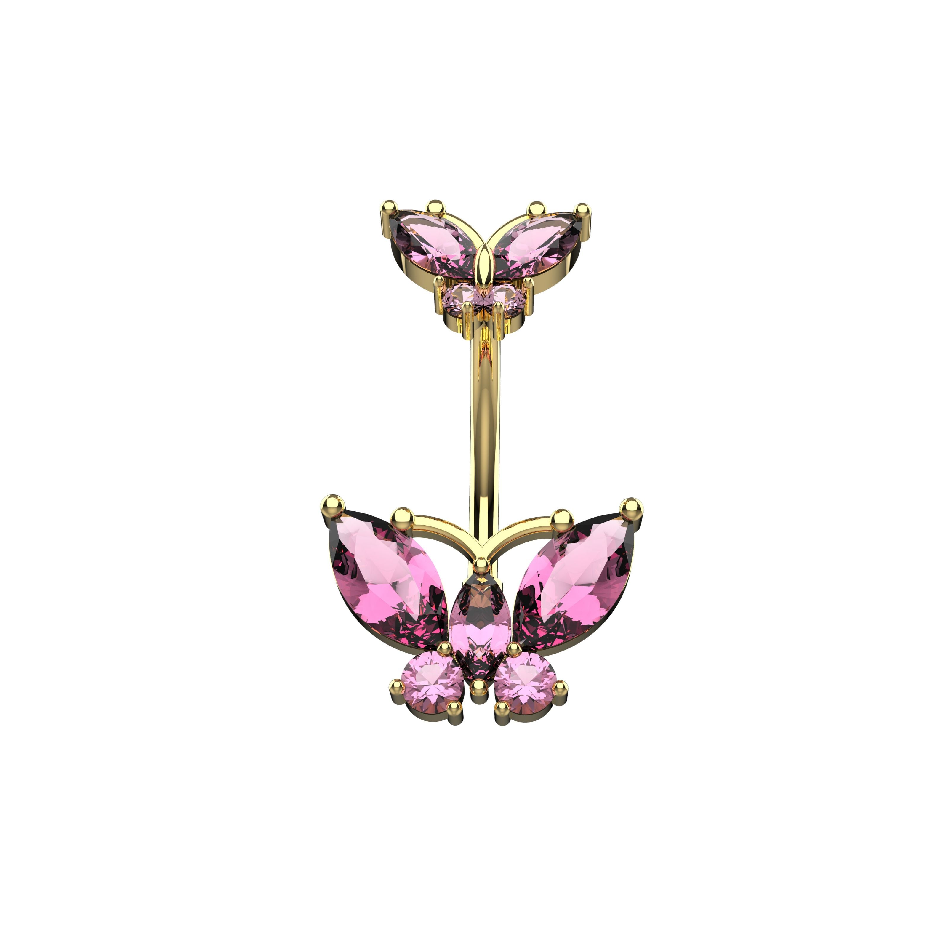 Butterfly-shaped belly button ring with pink gemstones