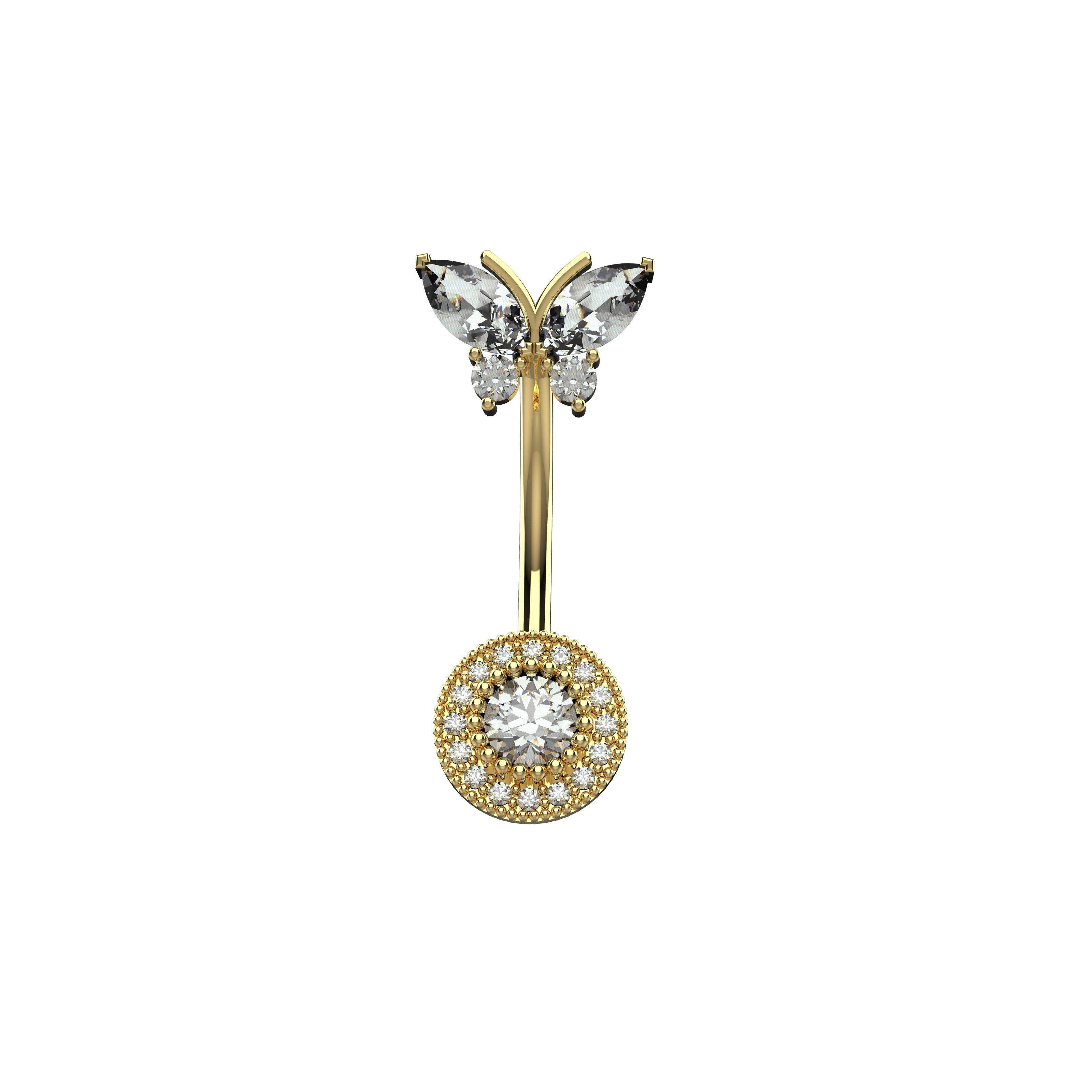 Butterfly-shaped gold belly button ring with clear gemstones