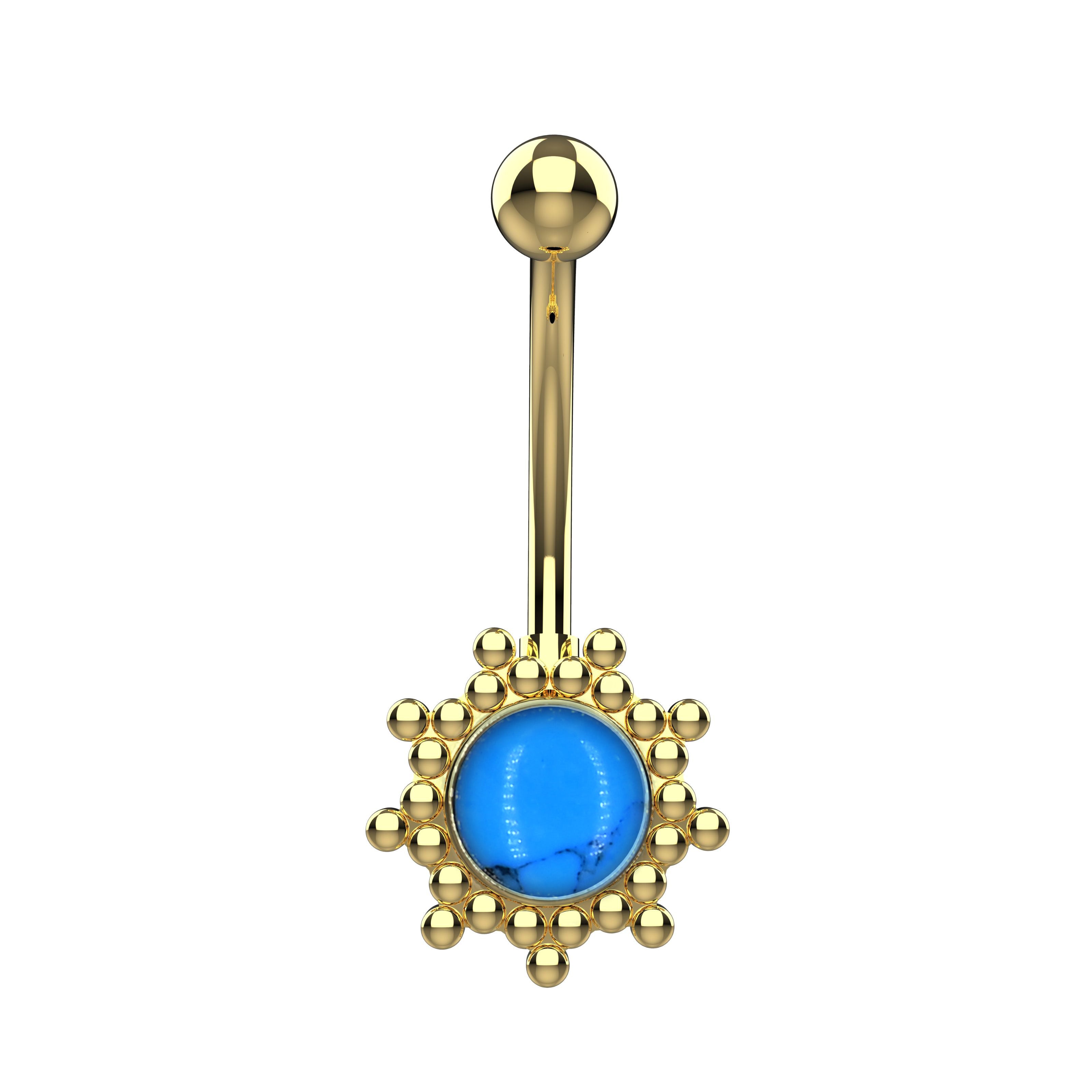 Gold belly button ring with a blue gem