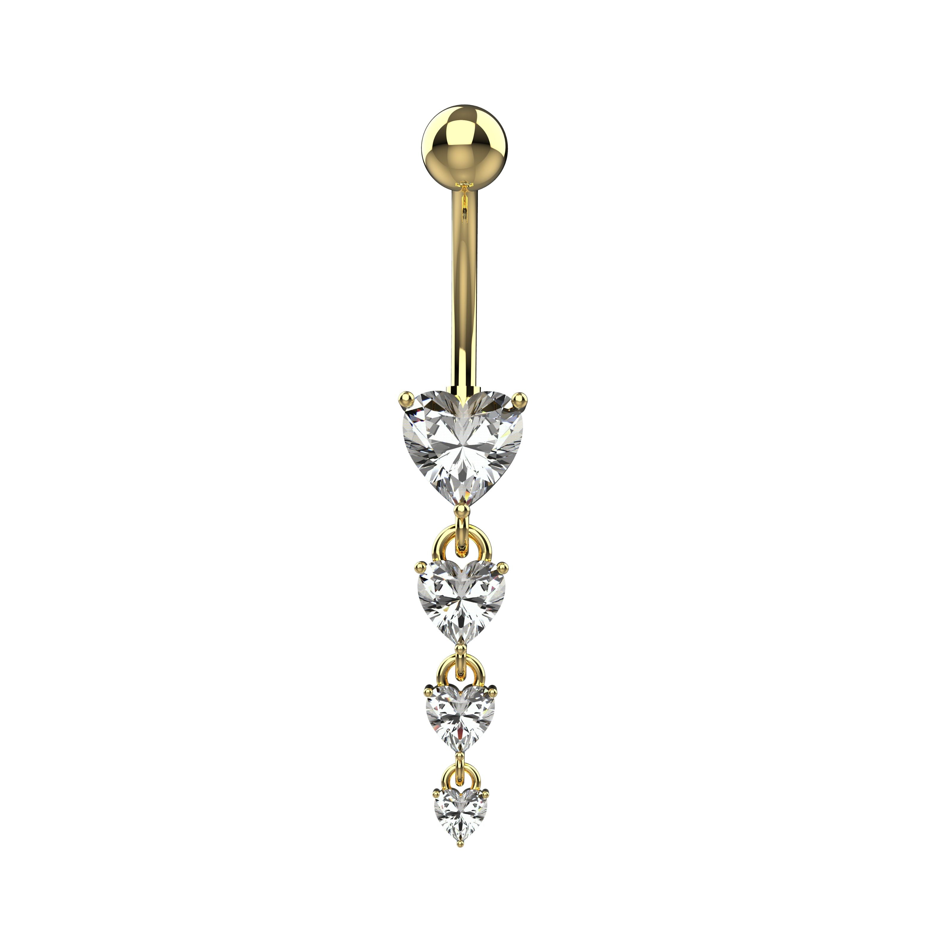 Gold heart belly button ring with dangling clear gemstones