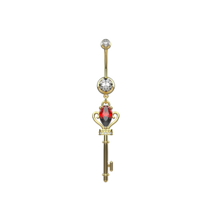 Gold key-shaped belly button ring with gemstones