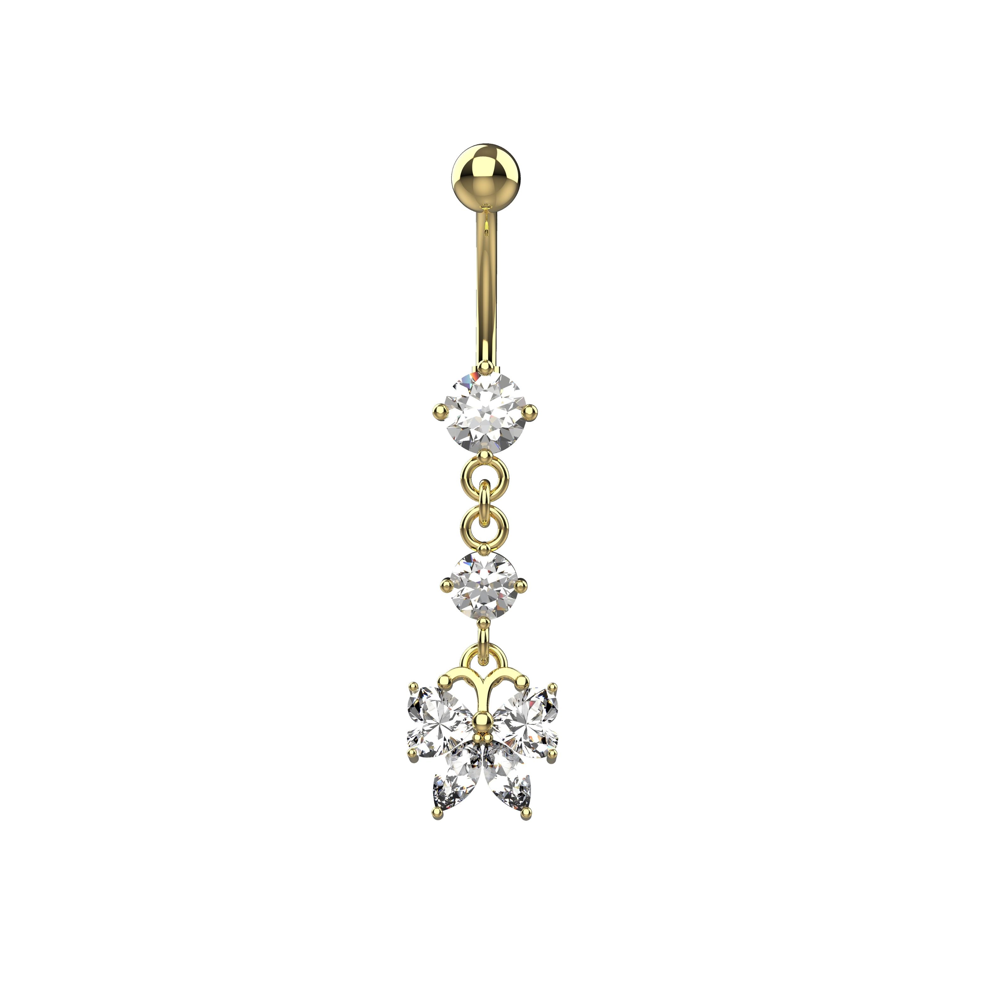 Gold butterfly belly button ring with clear gemstones