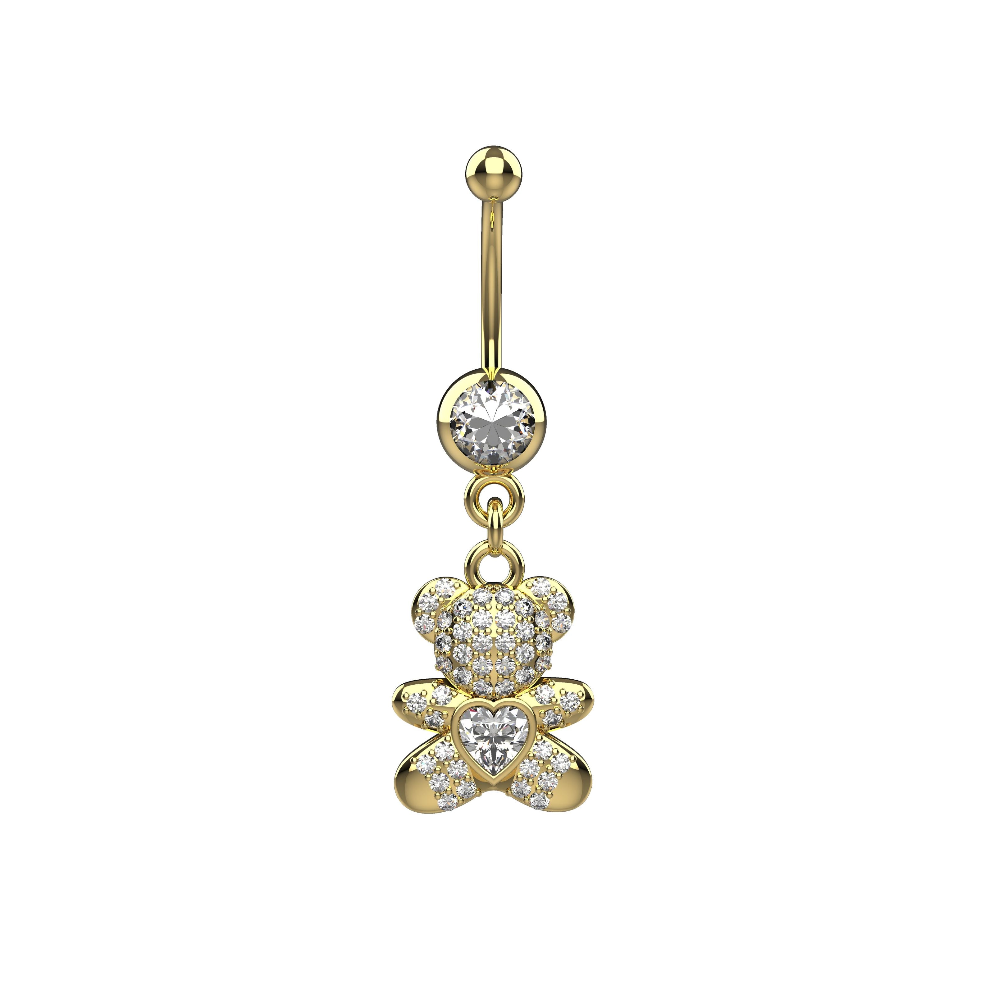 Gold belly button ring with a teddy bear pendant