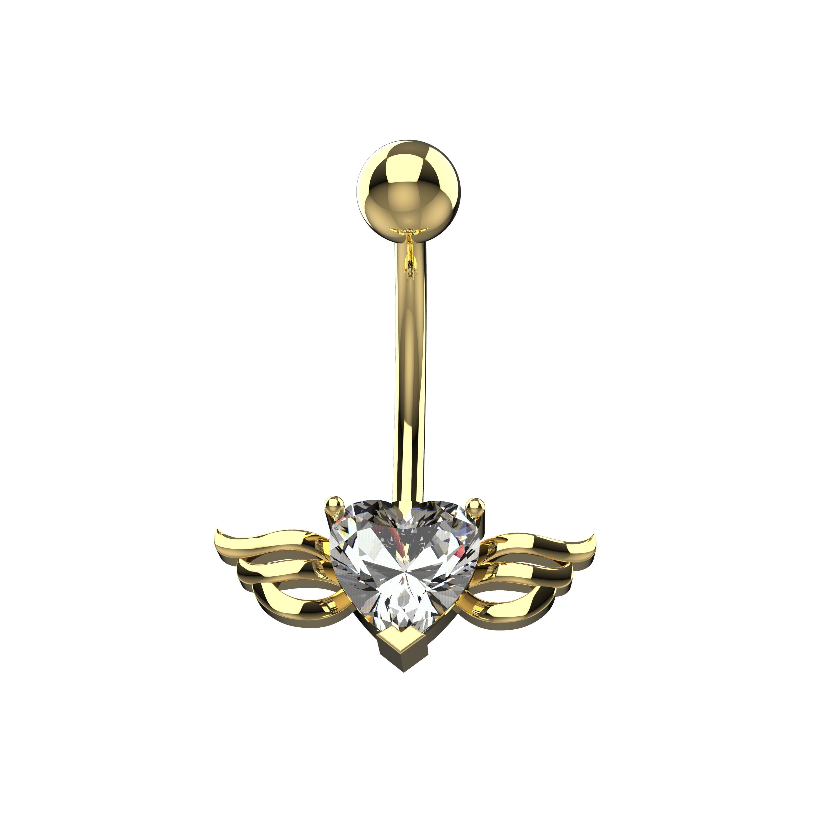 Gold belly button ring with flying heart