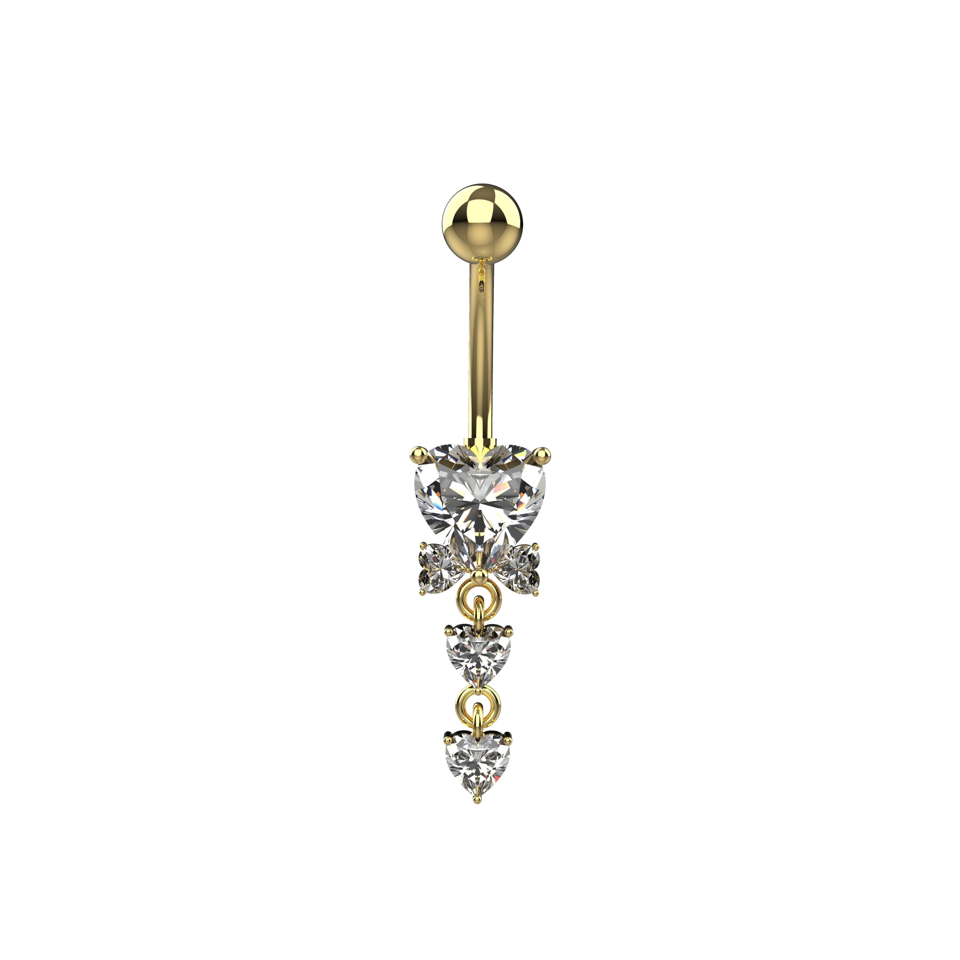 Gold heart shaped belly button ring with clear gemstones