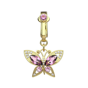 Butterfly gold clip on belly ring with pink stone
