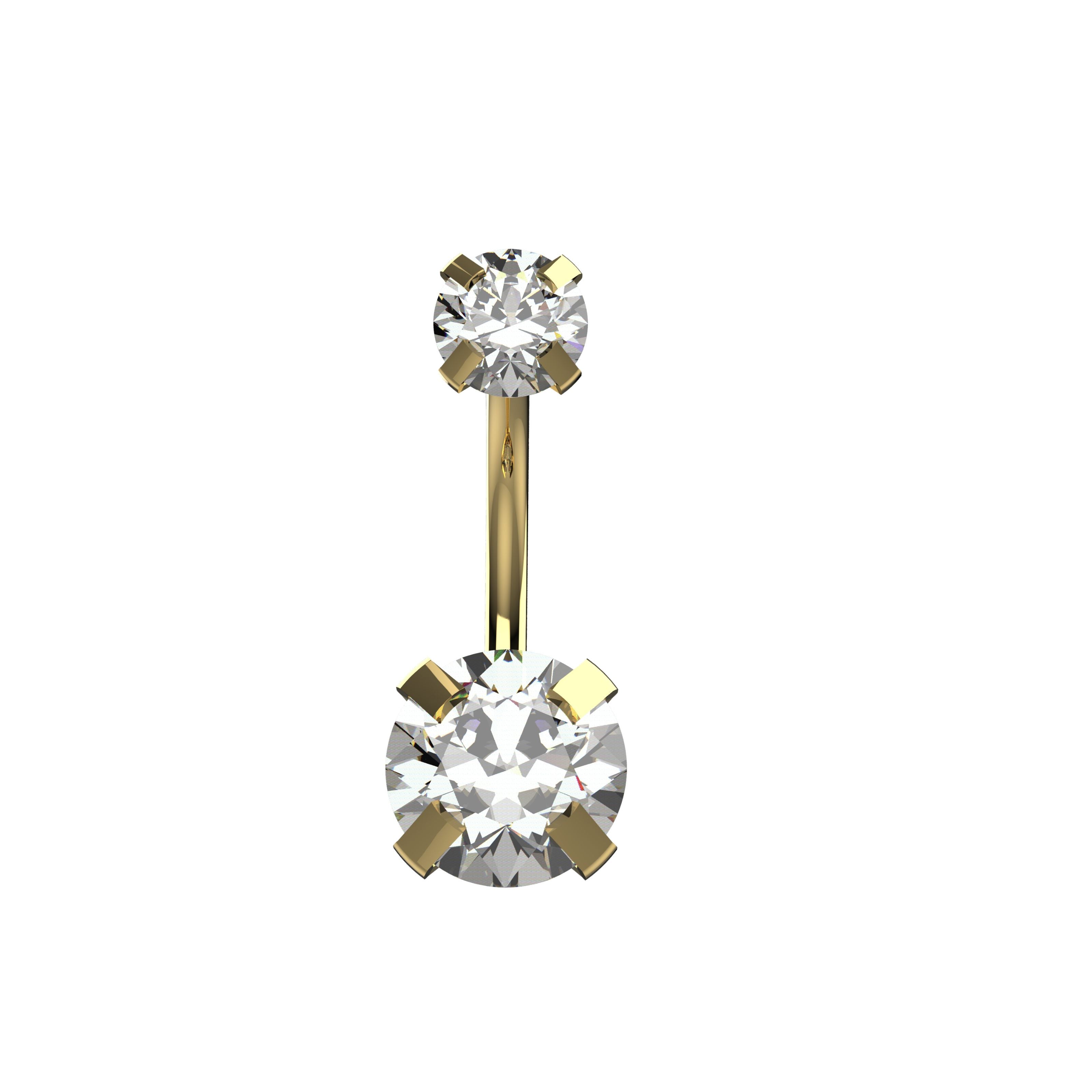Gold belly button ring with two clear gemstones