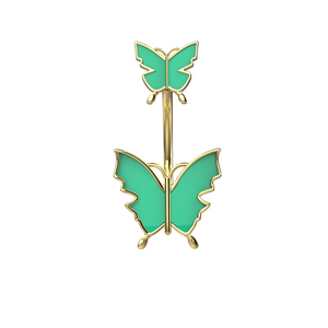 Butterfly-shaped belly ring with green wings and gold frame