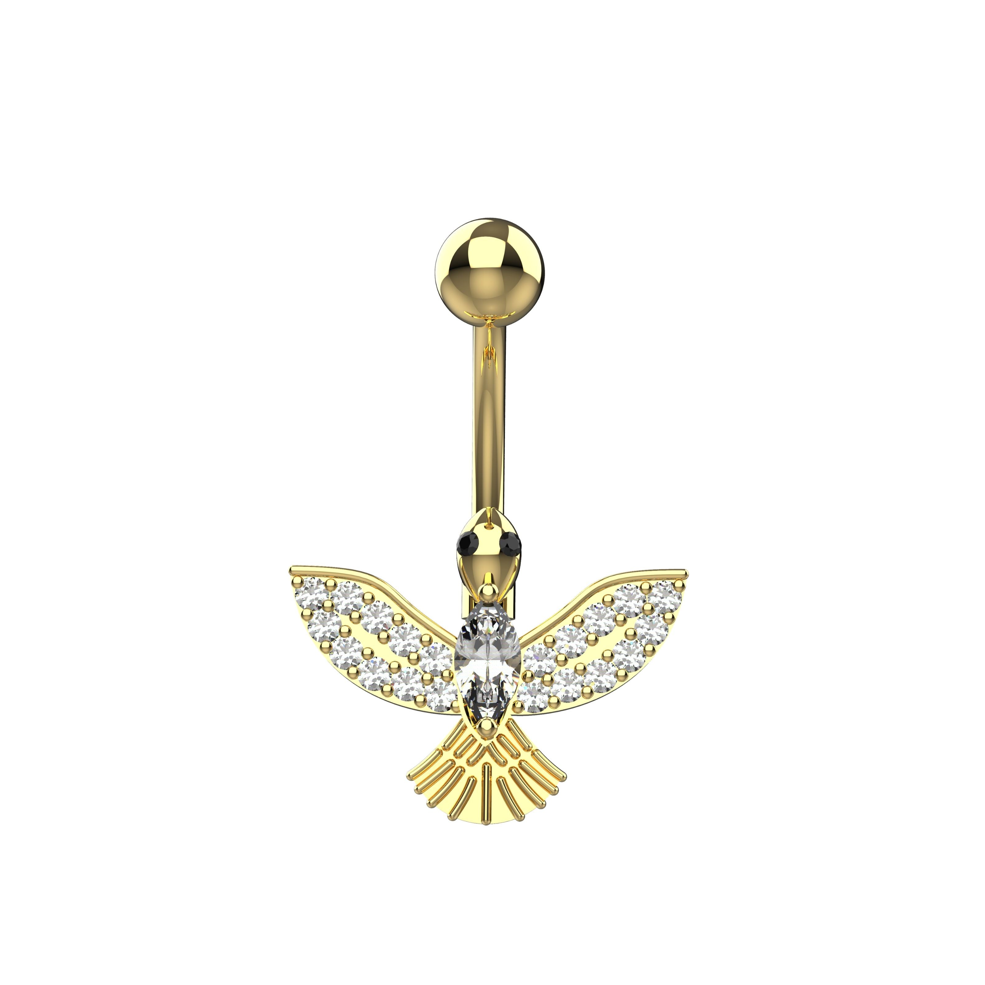 Gold belly button ring with hawk bird design