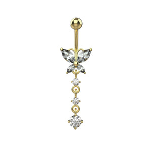 Butterfly belly button ring with dangling crystal stones