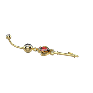 Gold key-shaped navel ring with red gemstones