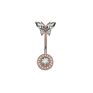 Butterfly-shaped rose gold and diamond navel ring