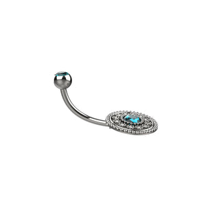 Silver oxidized belly button ring with a blue gemstone