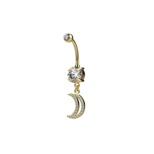 Gold belly button ring with a clear gemstone and moon charm