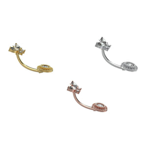 Three curved belly rings in gold, rose gold, and silver