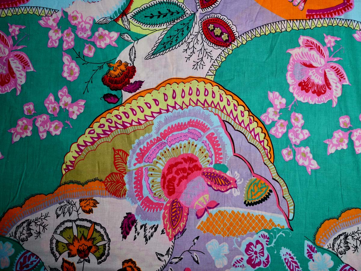 Sea Green Colour - Flowers Printed Fabric in Cotton