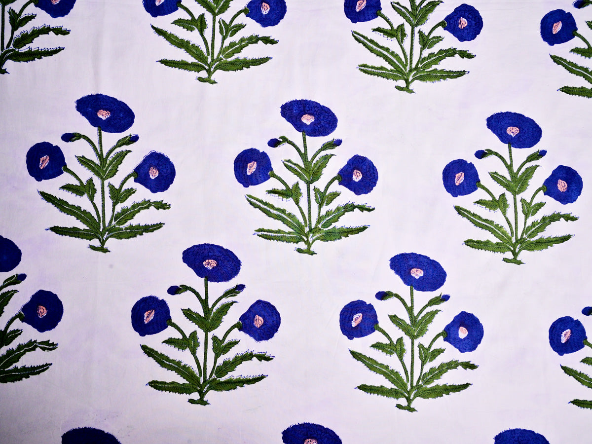 Blue Buta Print Block Fabric on White Mulmul Cotton