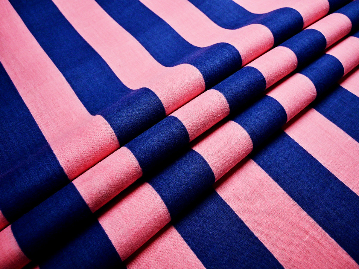 Clothes Making Fabric with Salmon Pink & Navy Blue Stripes