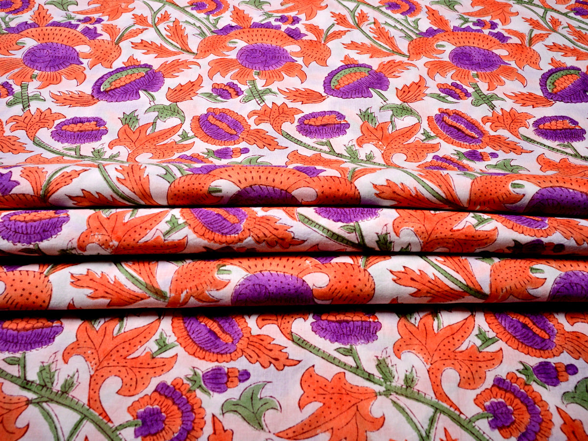 White Base Cotton Fabric with Orange Block Print Flowers