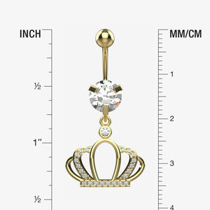 Gold belly button ring with crown design and crystal stones, shown with measurements in inches and millimeters.