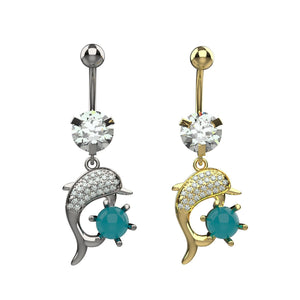 INDOLIBAS 14G 10mm dolphin belly button ring with teal stone