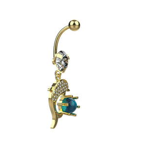 Yellow gold tone dolphin dangle belly button ring with teal accent