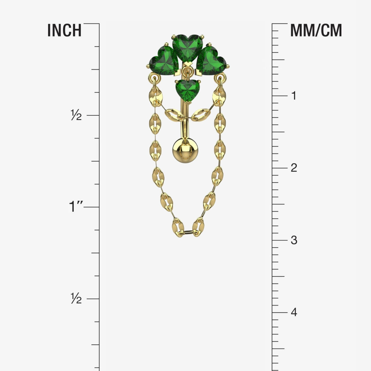 Three emerald green heart shaped CZ crystals above navel piercing