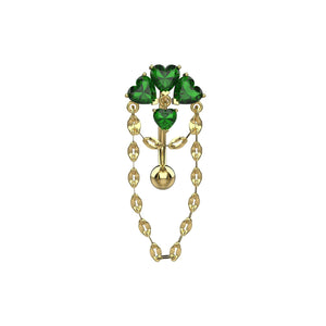 14G reverse emerald green heart CZ belly button ring with chain