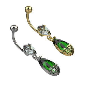 Yellow gold finish green teardrop crystal belly ring