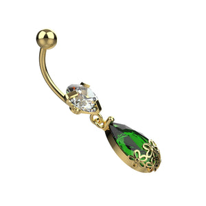 Stainless steel 14G navel ring with emerald green crystal drop