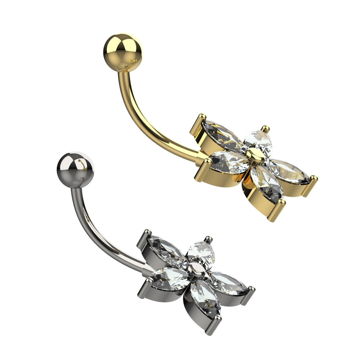 Five petal clear CZ crystal flower belly ring with metal centre