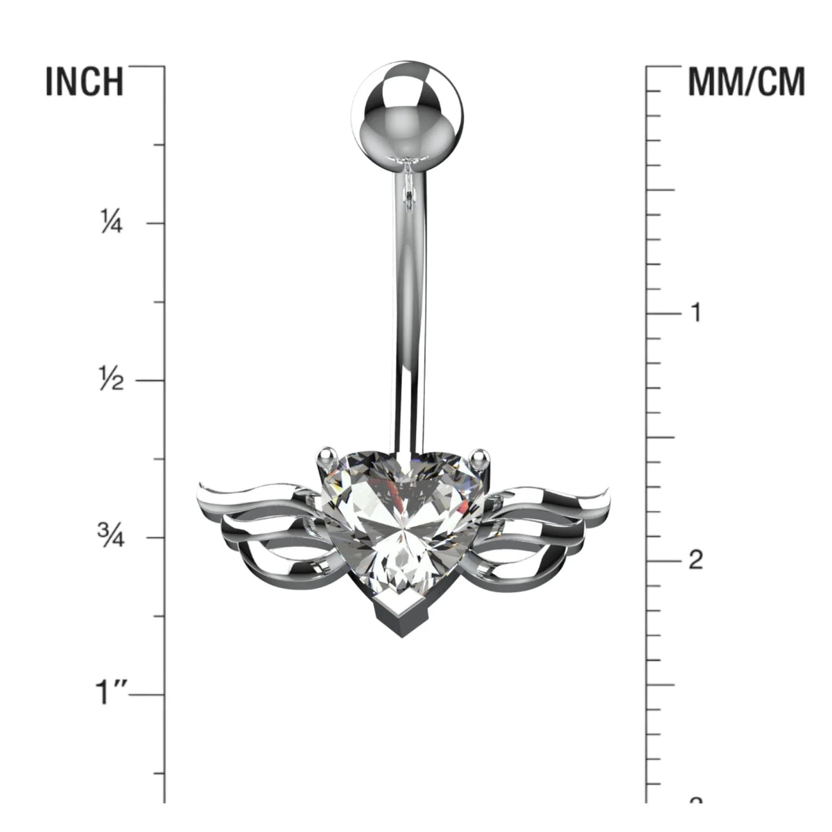 Large heart shaped clear CZ crystal between two metal angel wings