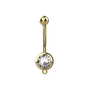 14G clear CZ bezel belly button ring with open charm loop