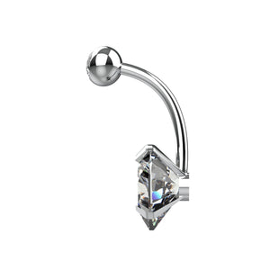 Clear CZ heart belly button ring with matching round upper crystal