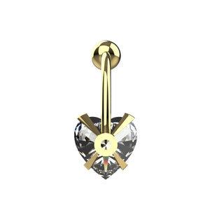 14G 10mm belly ring with four prong heart and bezel set top ball