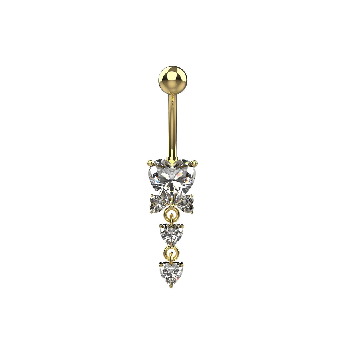 14G dangling heart clear CZ belly button ring with layered hearts