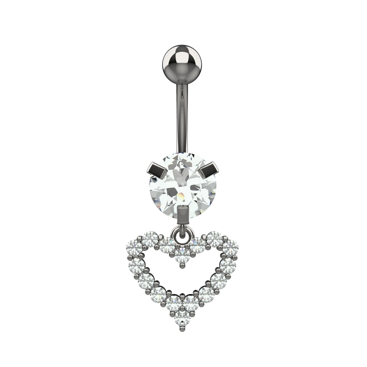 Dangling open heart clear CZ belly ring with round crystal