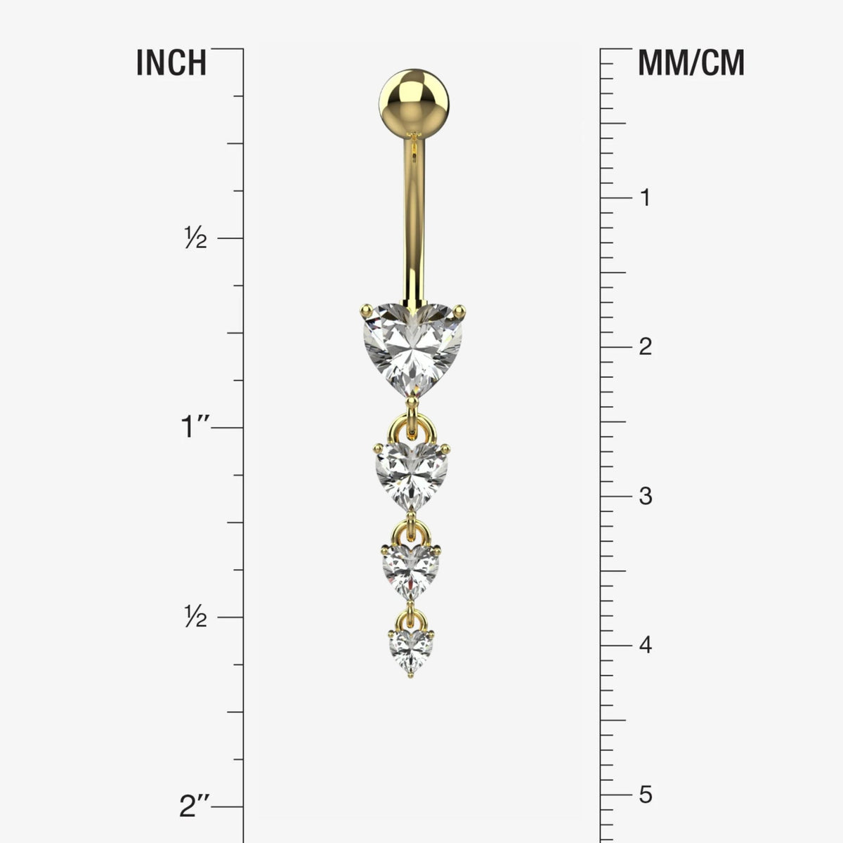 Four vertically connected heart shaped clear CZ crystals in metal