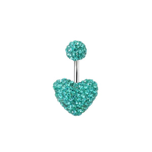 Turquoise teal crystal heart belly button ring with pave style stones