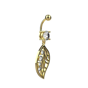 Silver finish dangling leaf crystal belly button jewellery