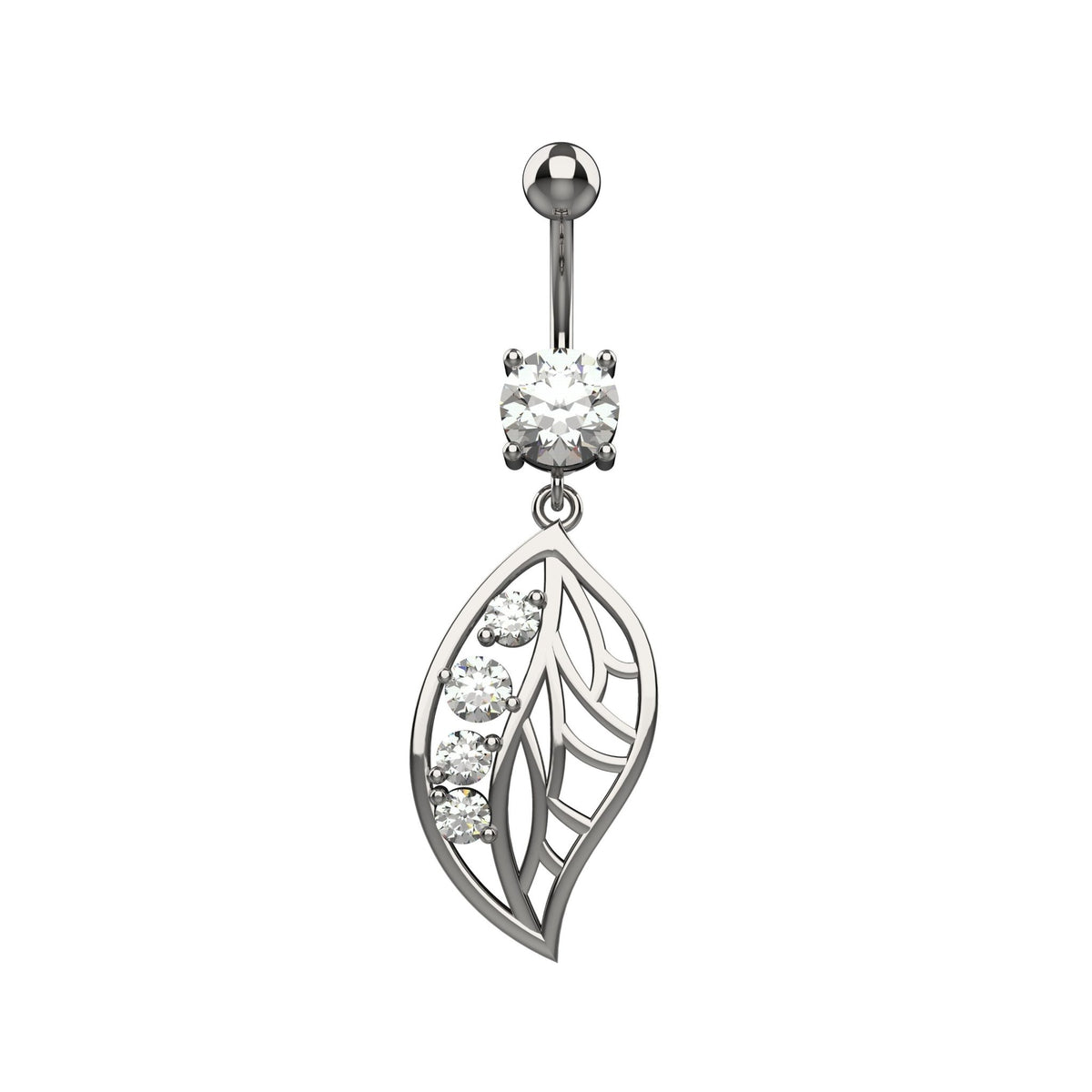 Dangling cut out leaf CZ belly ring with clear round top crystal