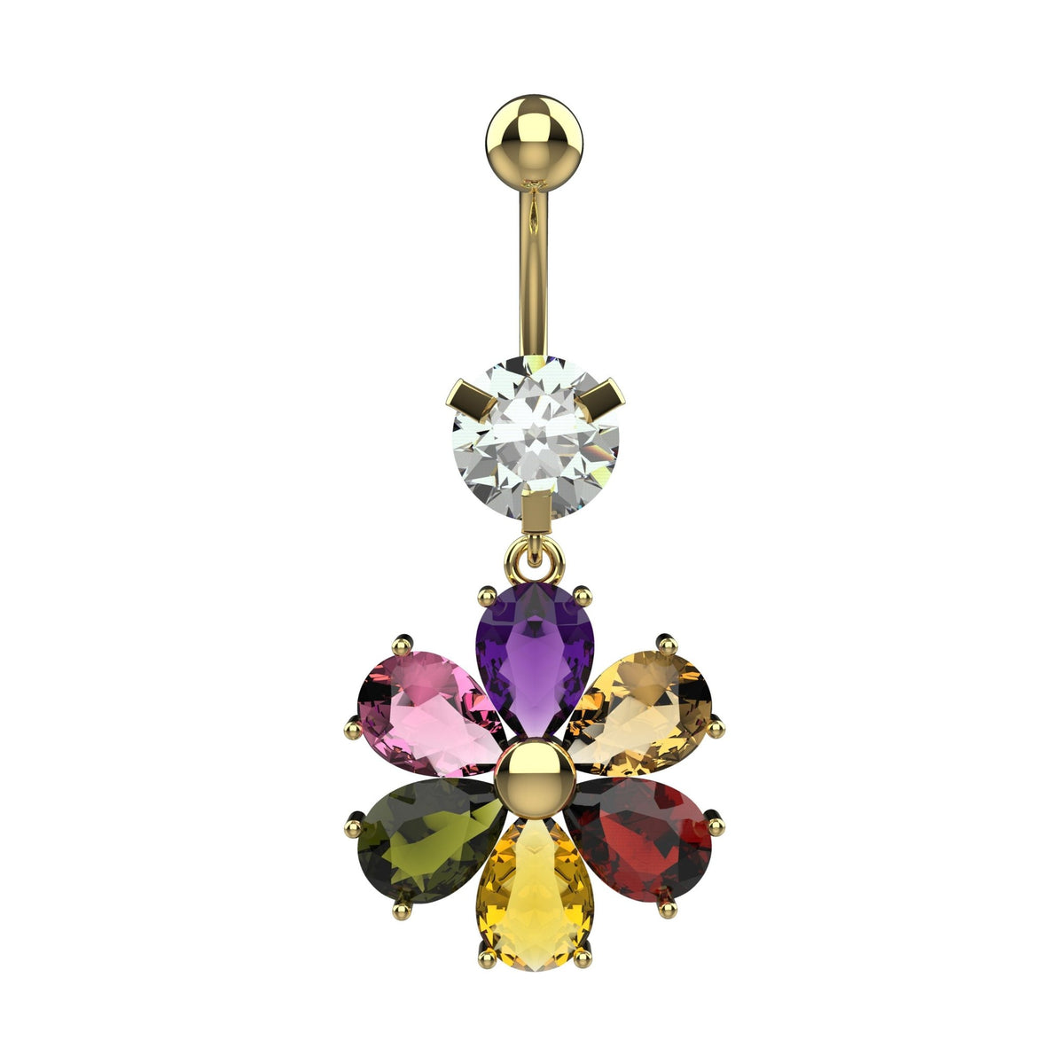 14G multicolour dangling flower belly button ring with CZ petals