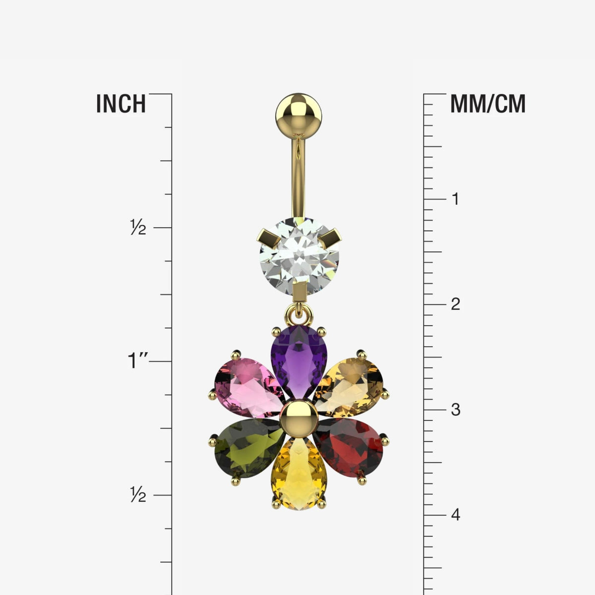 Six marquise cut coloured CZ crystals forming dangling flower charm