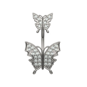 Titanium double butterfly CZ belly ring with two fixed clear crystal butterflies