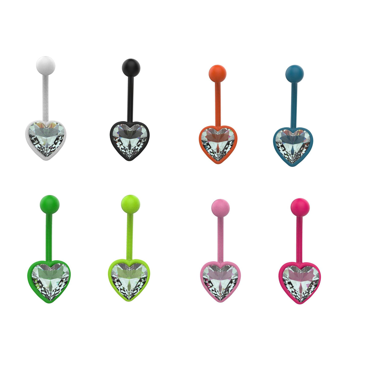 14G colourful heart CZ belly button ring with clear crystal centre